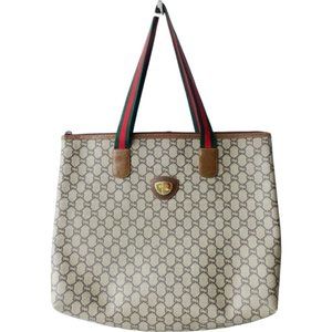 Gucci Beige and Brown Tote Bag with Red and Green Straps